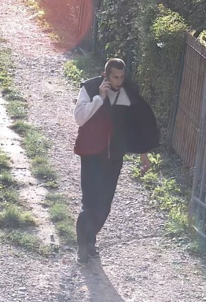 mężczyzna idący alejką działkową