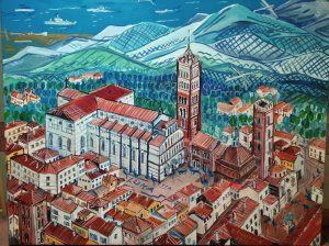 Na obrazie przedstawione jest włoskie miasto Lucca